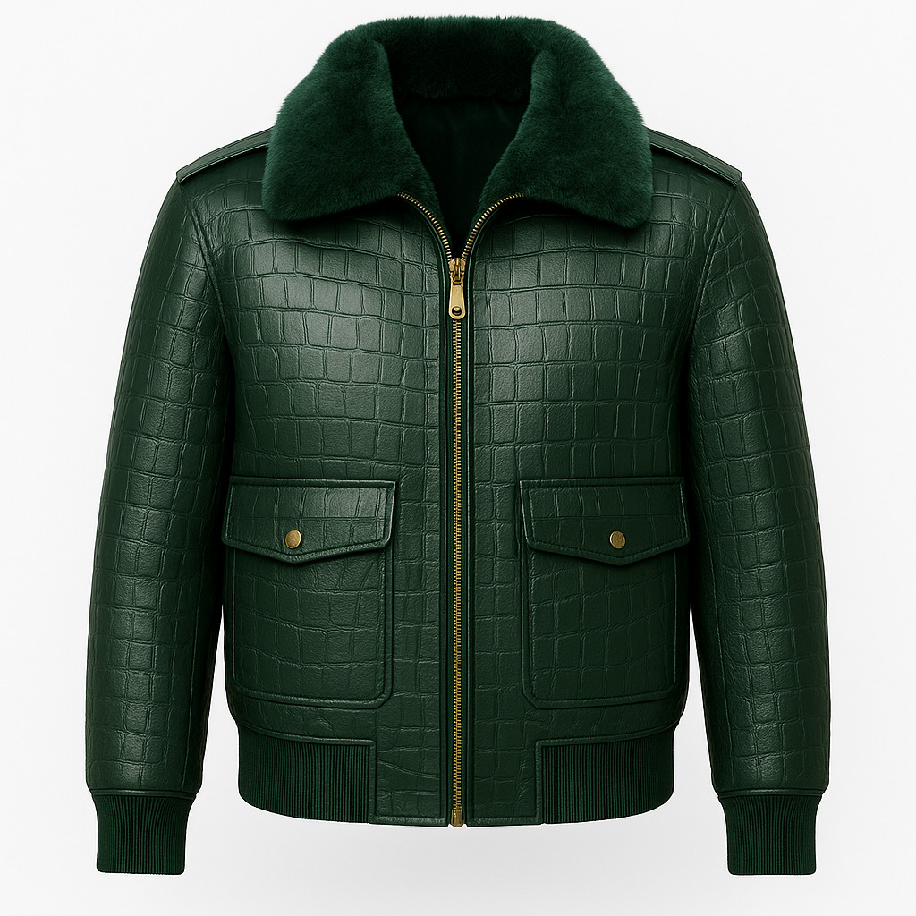 Men’s Green Croc Embossed Leather Jacket with Fur Collar – Premium Edition