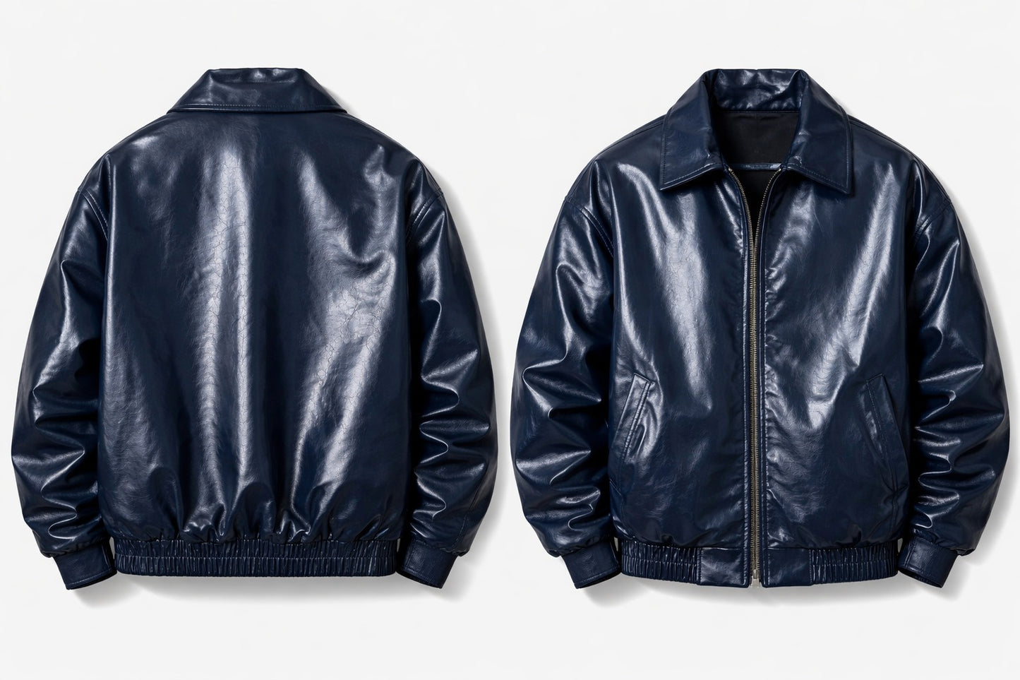 Men’s Navy Leather Bomber Jacket – Oversized Street Style | Premium Zip-Up