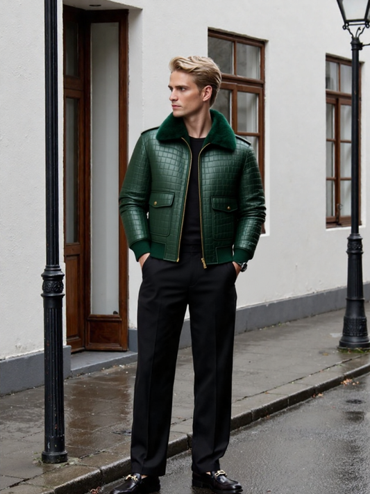 Men’s Green Croc Embossed Leather Jacket with Fur Collar – Premium Edition