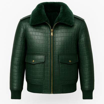 Men’s Green Croc Embossed Leather Jacket with Fur Collar – Premium Edition