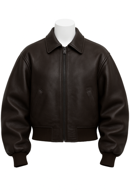 Men’s Dark Brown Leather Bomber Jacket – Classic Zip Front