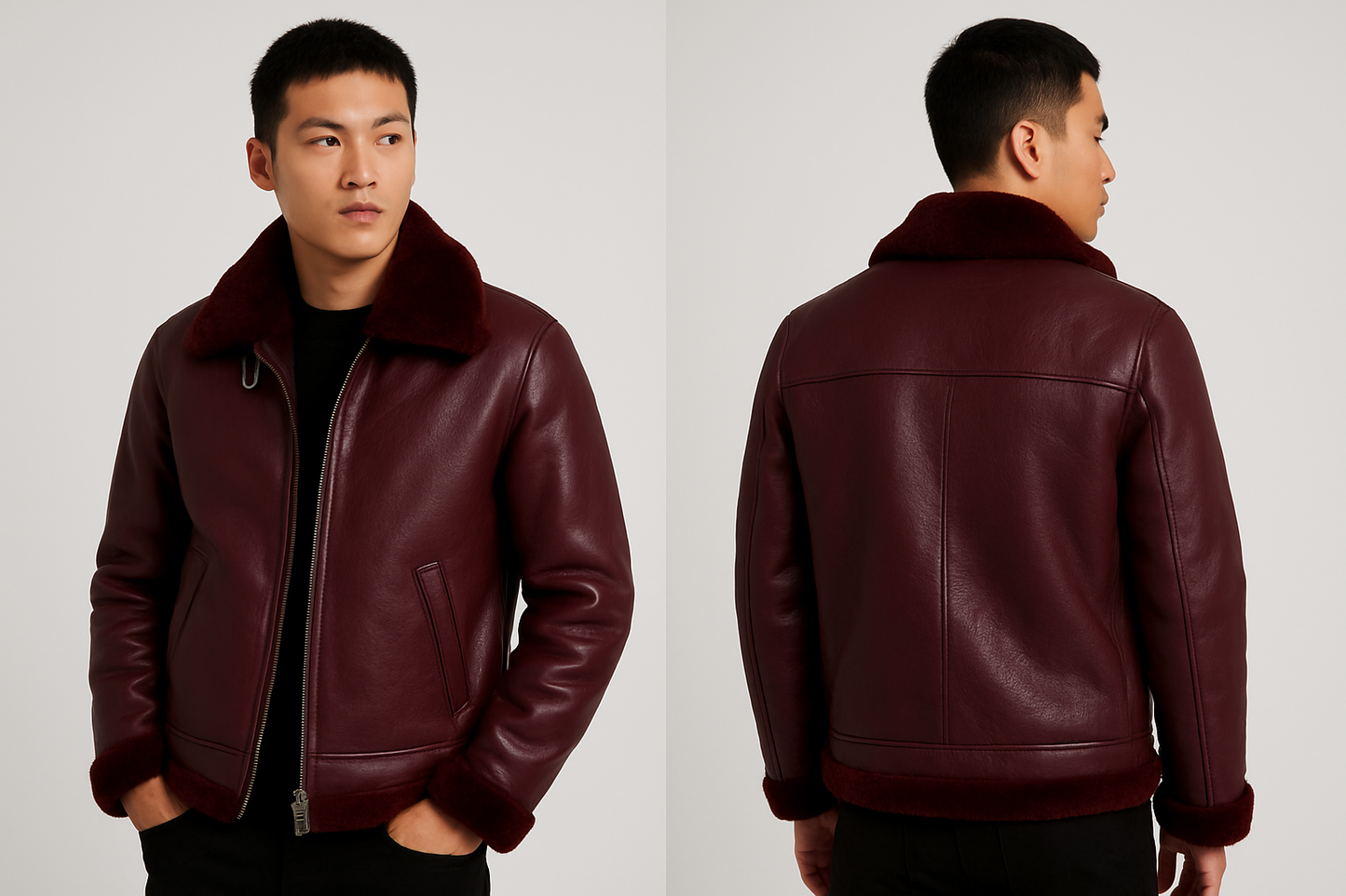 Men’s Burgundy Shearling Leather Jacket – Premium Winter Edition