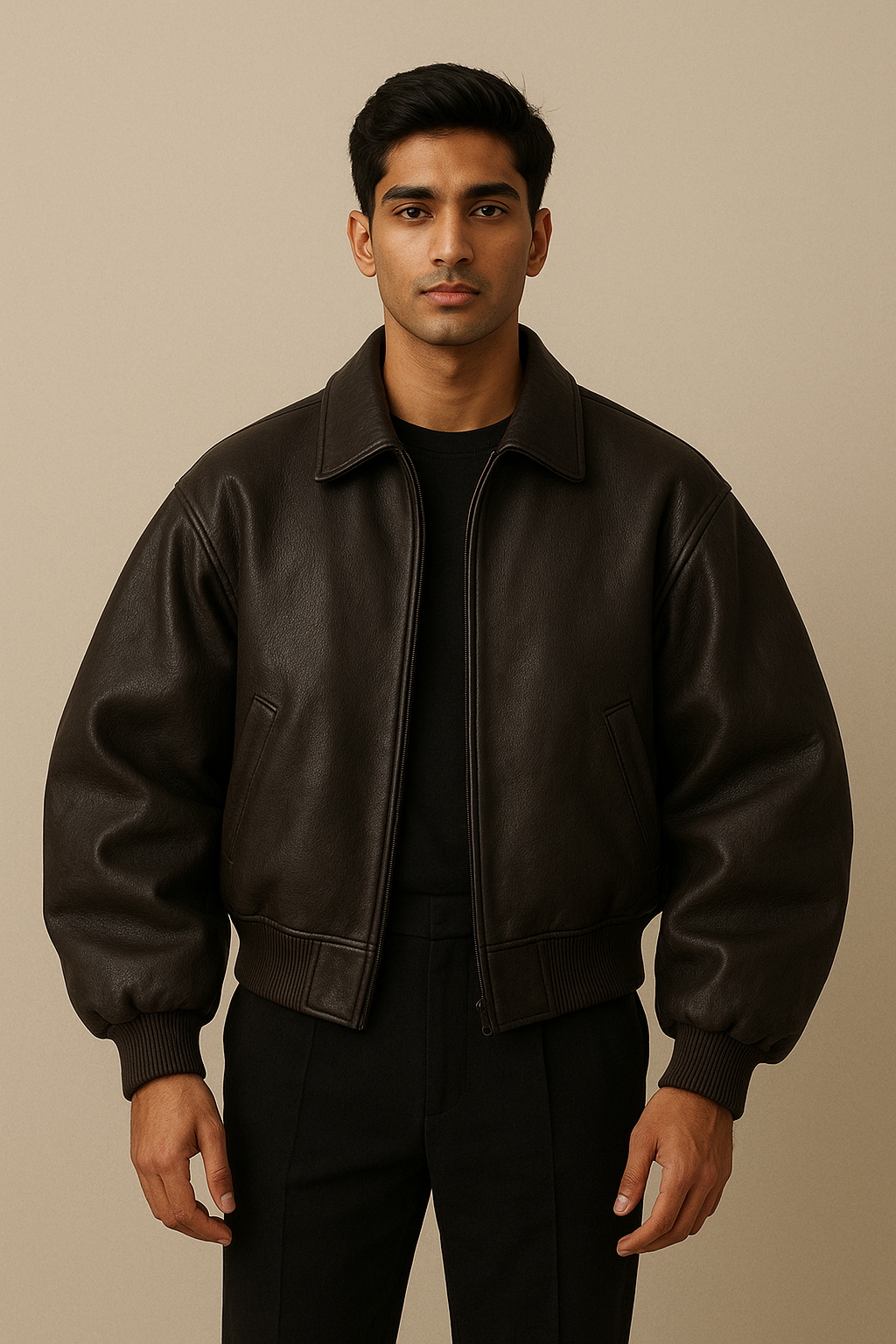 Men’s Dark Brown Leather Bomber Jacket – Classic Zip Front