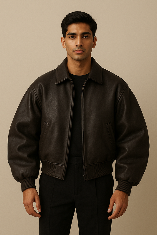 Men’s Dark Brown Leather Bomber Jacket – Classic Zip Front