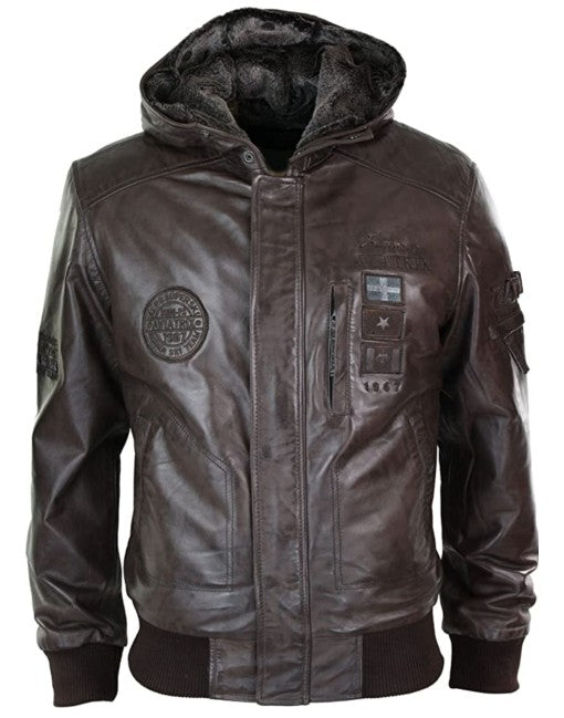 Shearling Hooded Bomber Leather Jacket