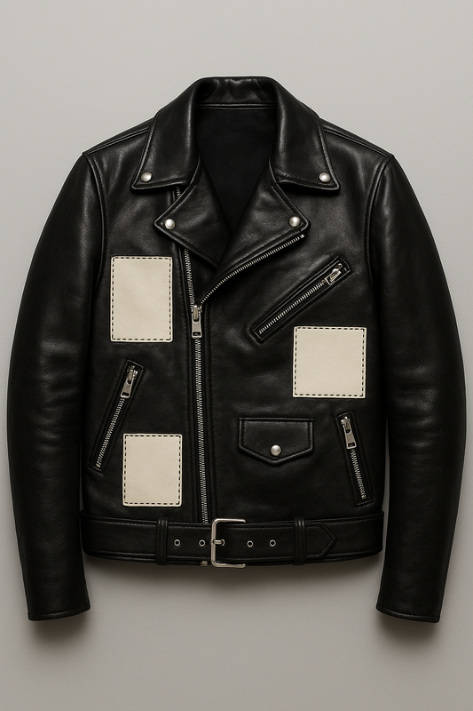 Men’s Black Leather Biker Jacket – Contrast Patch Edition