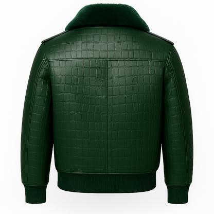 Men’s Green Croc Embossed Leather Jacket with Fur Collar – Premium Edition