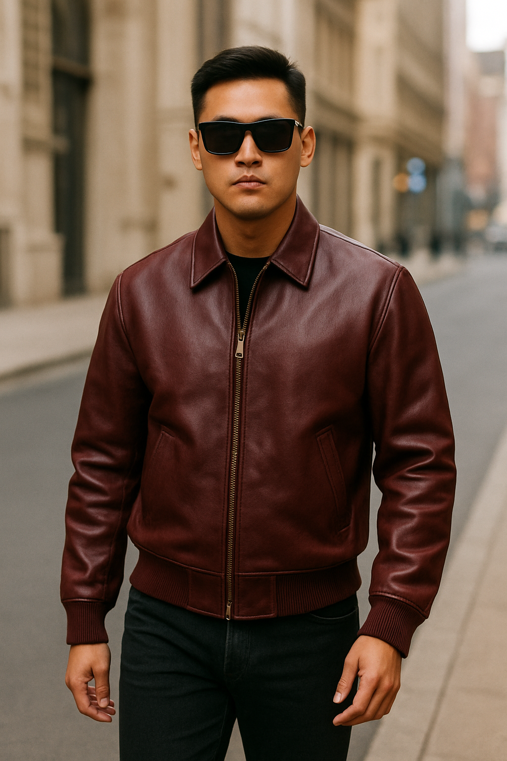 Men’s Burgundy Classic Leather Bomber Jacket – Urban Minimal Style