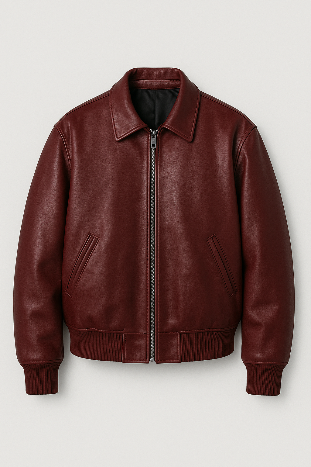Men’s Burgundy Classic Leather Bomber Jacket – Urban Minimal Style