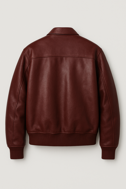 Men’s Burgundy Classic Leather Bomber Jacket – Urban Minimal Style