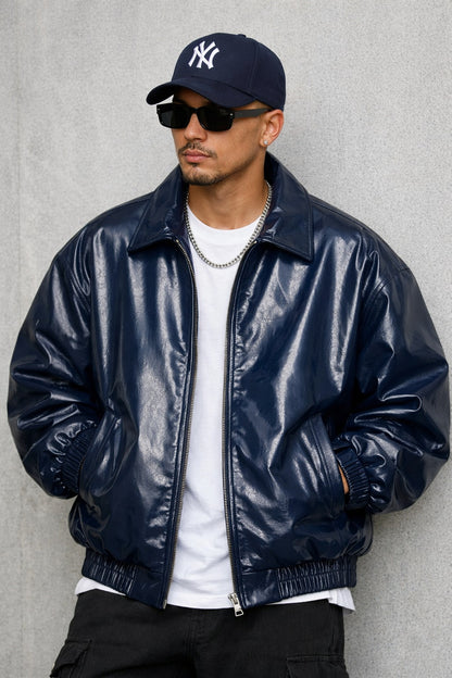 Men’s Navy Leather Bomber Jacket – Oversized Street Style | Premium Zip-Up