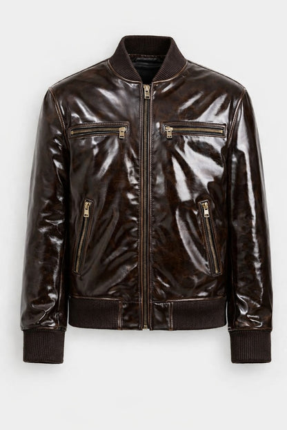 Men’s Dark Brown Leather Bomber Jacket – Signature Zip Detail | Premium Full Grain