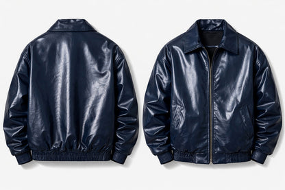 Men’s Navy Leather Bomber Jacket – Oversized Street Style | Premium Zip-Up
