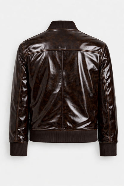 Men’s Dark Brown Leather Bomber Jacket – Signature Zip Detail | Premium Full Grain