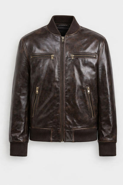 Men’s Vintage Dark Brown Leather Bomber Jacket – Signature Full Grain Zip Style