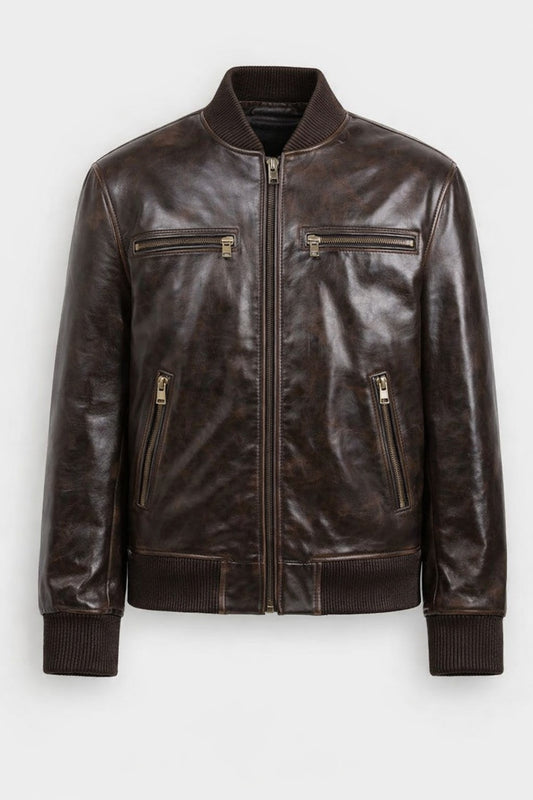 Men’s Vintage Dark Brown Leather Bomber Jacket – Signature Full Grain Zip Style