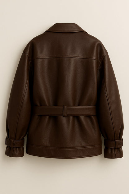 Women’s Brown Belted Leather Jacket – Classic Tailored Fit | Premium Full Grain Leather