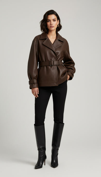 Women’s Brown Belted Leather Jacket – Classic Tailored Fit | Premium Full Grain Leather