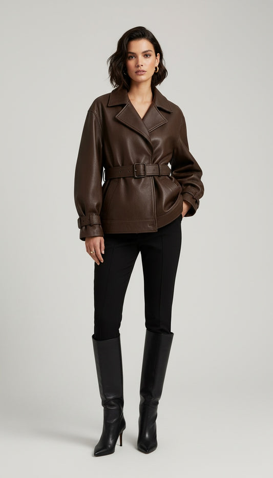 Women’s Brown Belted Leather Jacket – Classic Tailored Fit | Premium Full Grain Leather