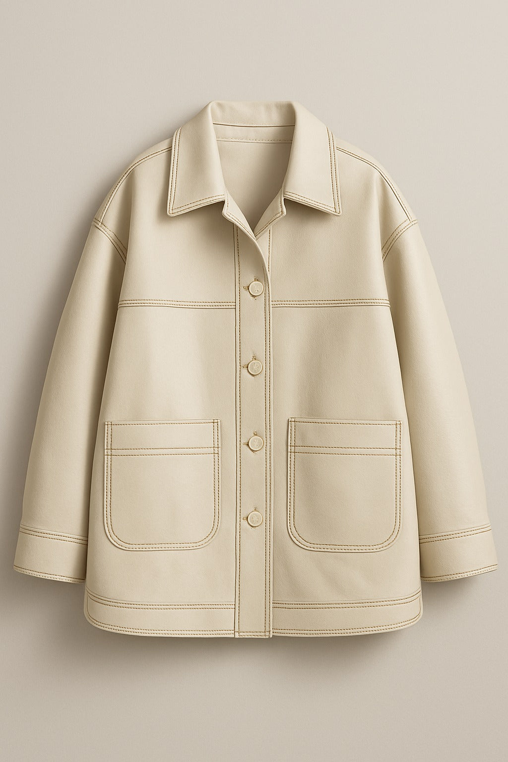 Women’s Cream Leather Shirt Jacket – Oversized Button Front | Premium Minimalist Style