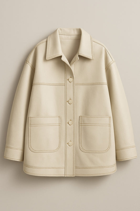 Women’s Cream Leather Shirt Jacket – Oversized Button Front | Premium Minimalist Style