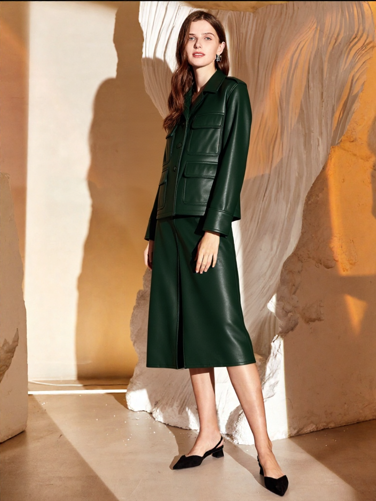 Women’s Forest Green Leather Utility Jacket – Premium Structured Fit